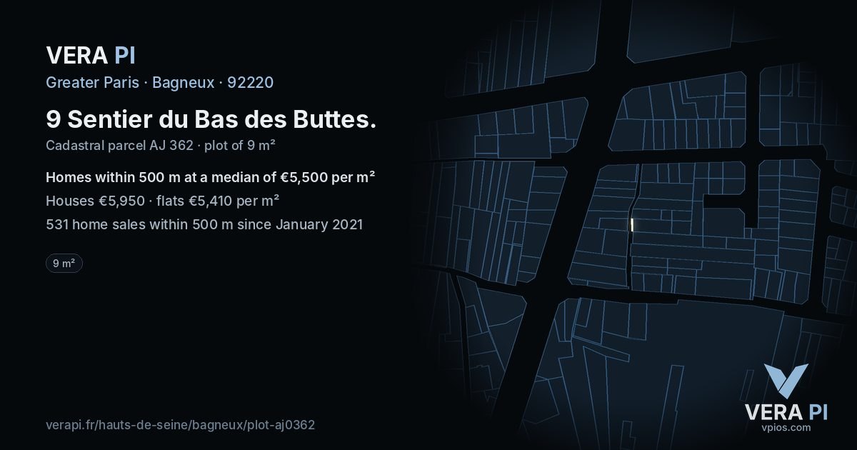 9 Sentier du Bas des Buttes, Bagneux at night – the plot lit, the parcels around coloured by the prices near them