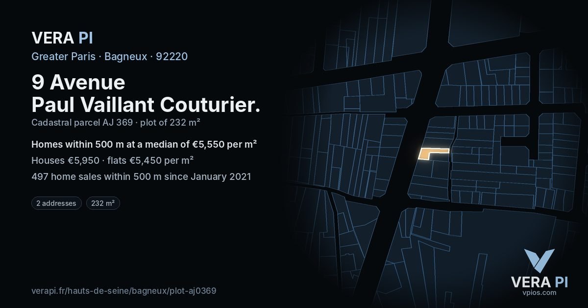 9 Avenue Paul Vaillant Couturier, Bagneux at night – the plot lit, the parcels around coloured by the prices near them