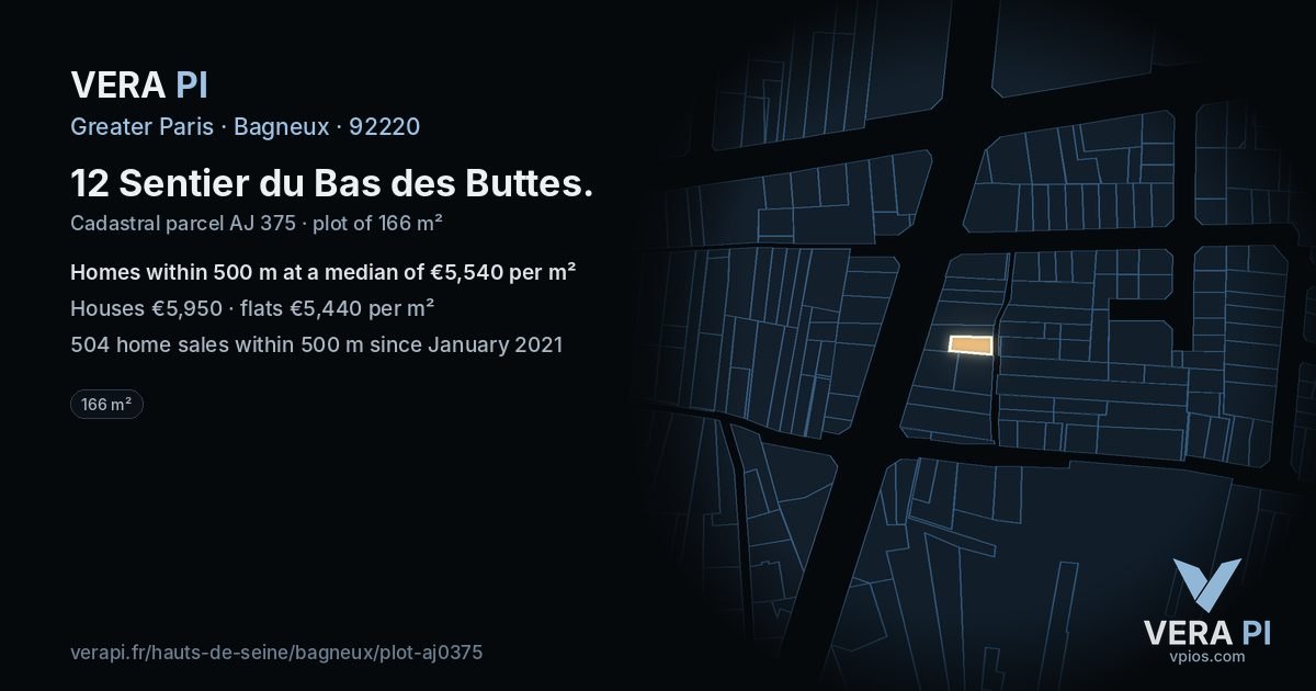 12 Sentier du Bas des Buttes, Bagneux at night – the plot lit, the parcels around coloured by the prices near them