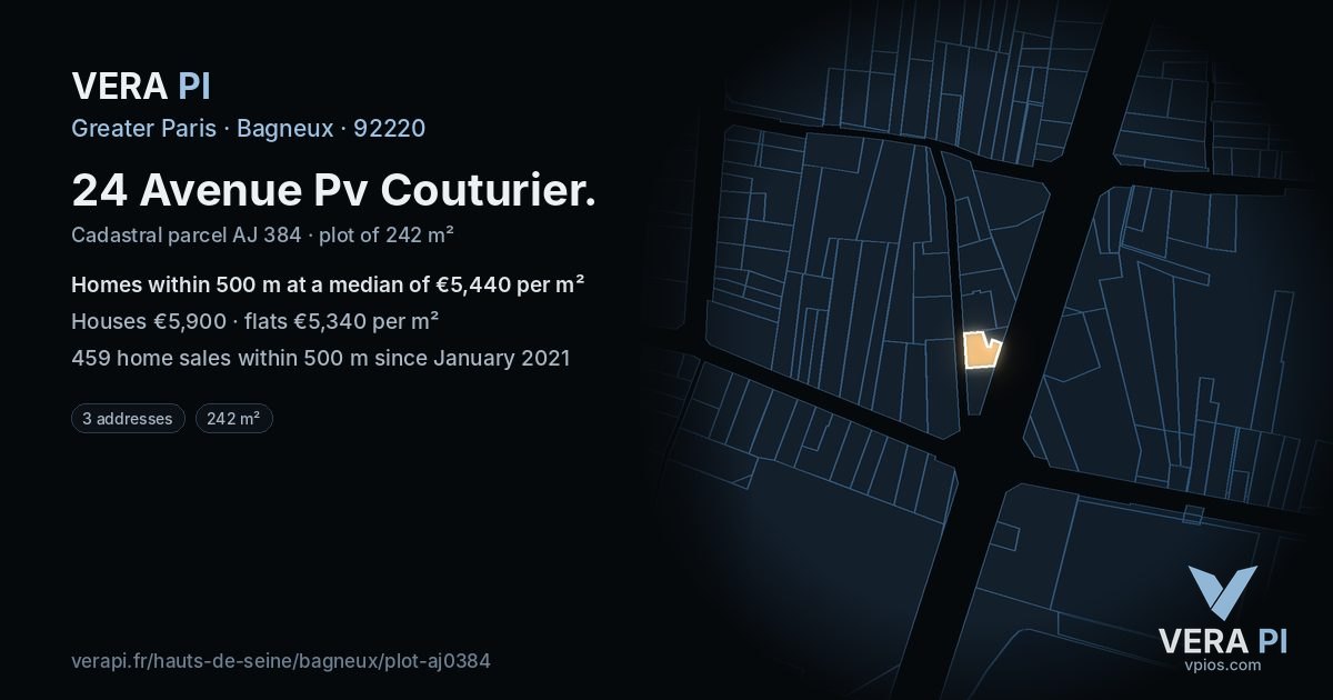 24 Avenue Pv Couturier, Bagneux at night – the plot lit, the parcels around coloured by the prices near them