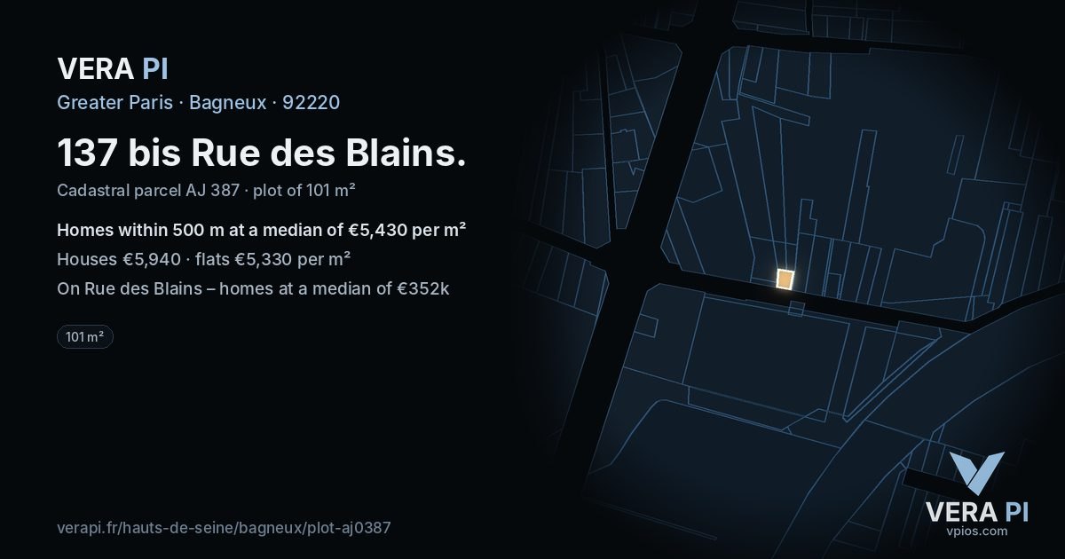 137 bis Rue des Blains, Bagneux at night – the plot lit, the parcels around coloured by the prices near them