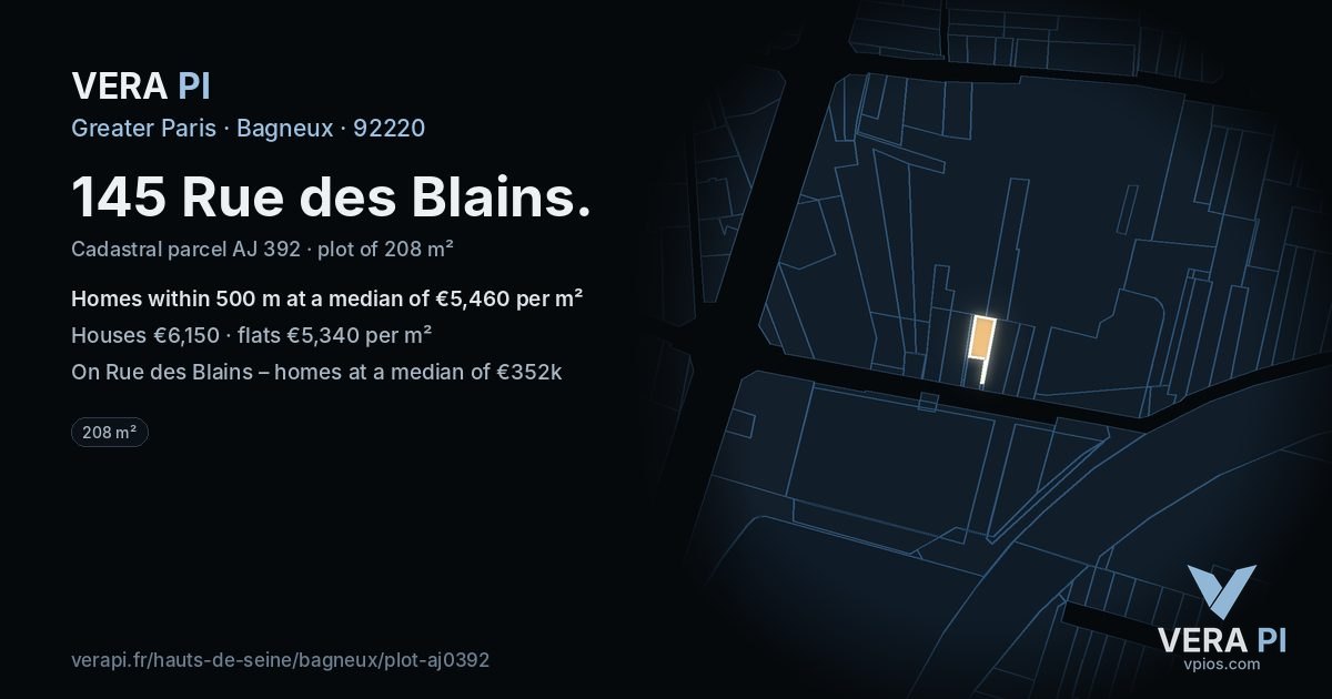 145 Rue des Blains, Bagneux at night – the plot lit, the parcels around coloured by the prices near them