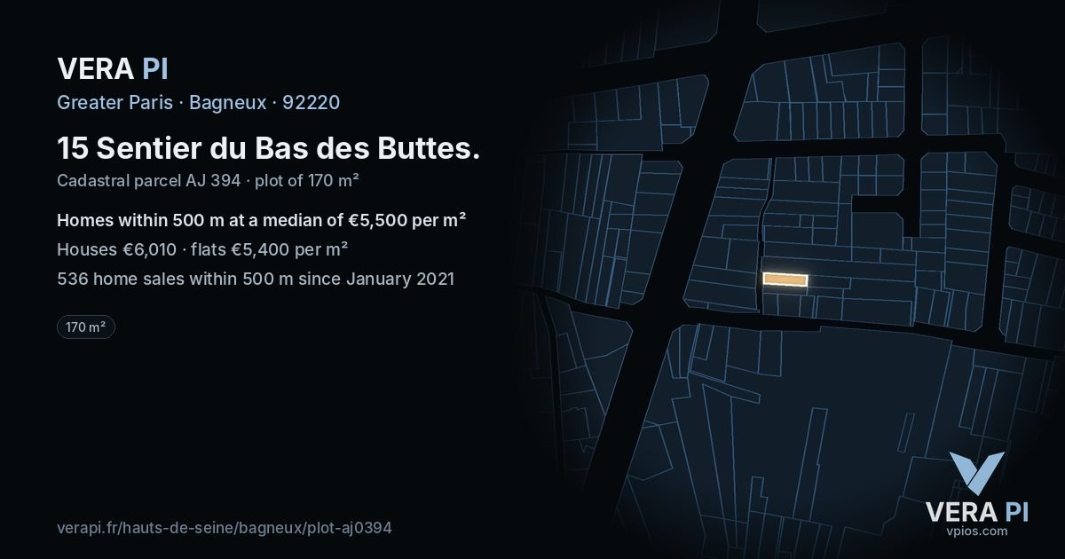 15 Sentier du Bas des Buttes, Bagneux at night – the plot lit, the parcels around coloured by the prices near them