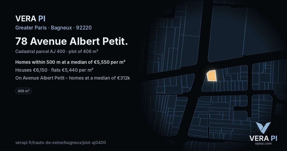 78 Avenue Albert Petit, Bagneux at night – the plot lit, the parcels around coloured by the prices near them