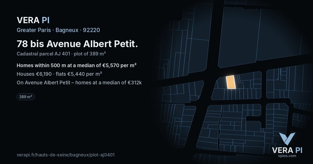 78 bis Avenue Albert Petit, Bagneux at night – the plot lit, the parcels around coloured by the prices near them