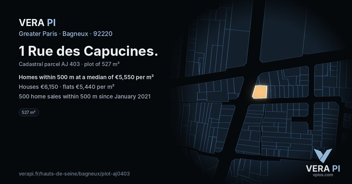 1 Rue des Capucines, Bagneux at night – the plot lit, the parcels around coloured by the prices near them