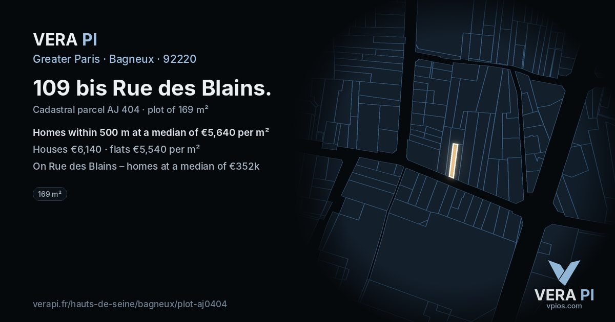 109 bis Rue des Blains, Bagneux at night – the plot lit, the parcels around coloured by the prices near them
