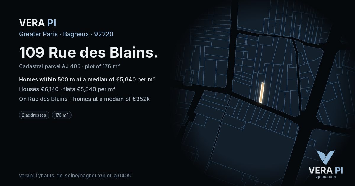 109 Rue des Blains, Bagneux at night – the plot lit, the parcels around coloured by the prices near them