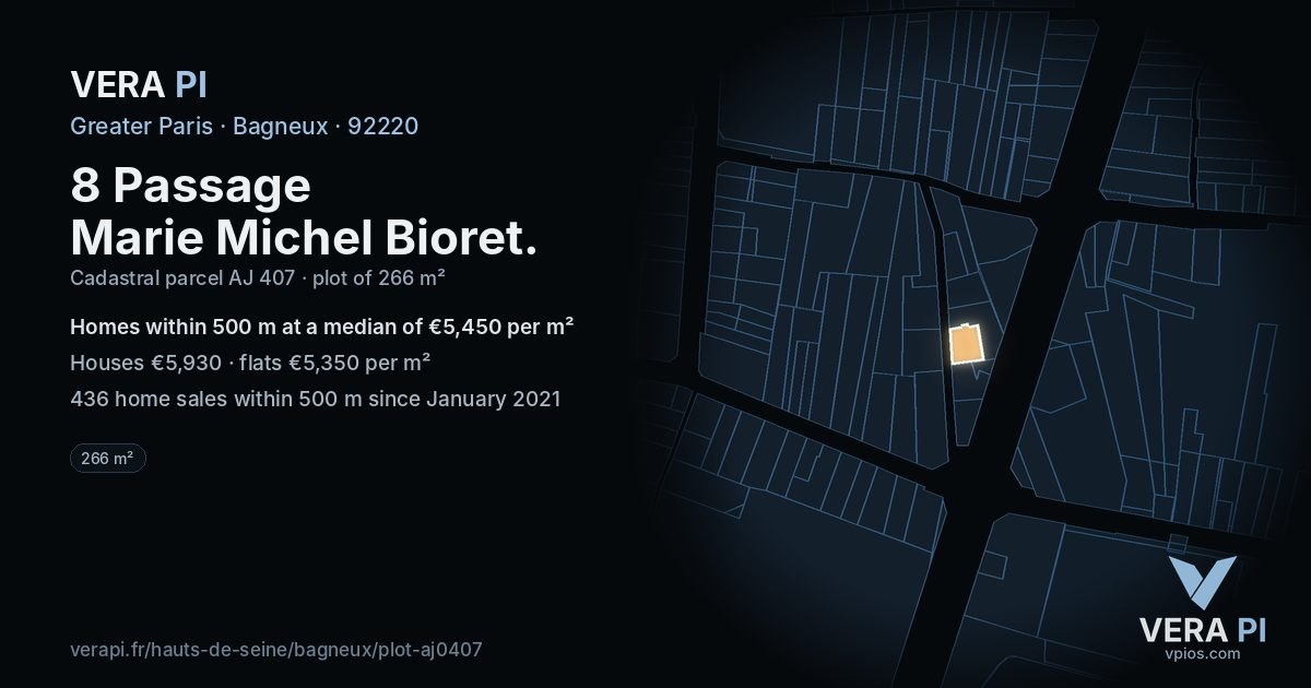 8 Passage Marie Michel Bioret, Bagneux at night – the plot lit, the parcels around coloured by the prices near them