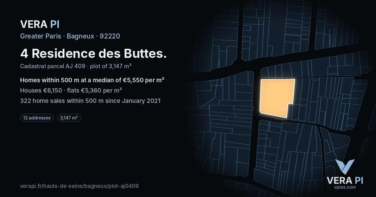4 Residence des Buttes, Bagneux at night – the plot lit, the parcels around coloured by the prices near them