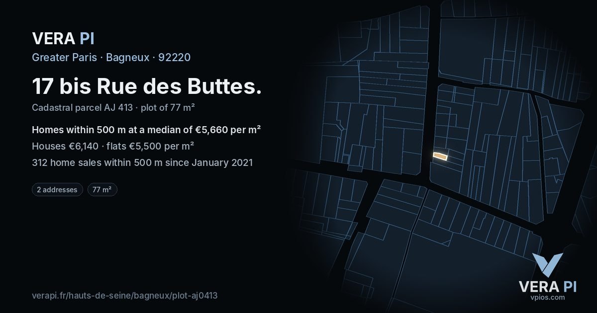 17 bis Rue des Buttes, Bagneux at night – the plot lit, the parcels around coloured by the prices near them