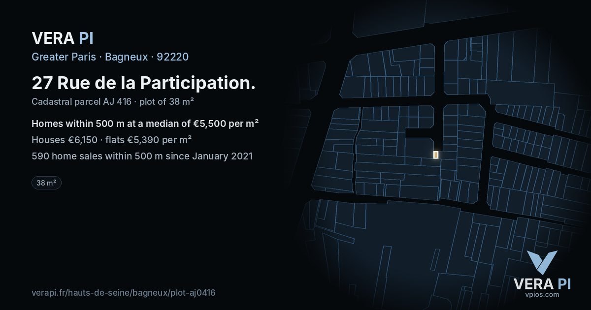 27 Rue de la Participation, Bagneux at night – the plot lit, the parcels around coloured by the prices near them