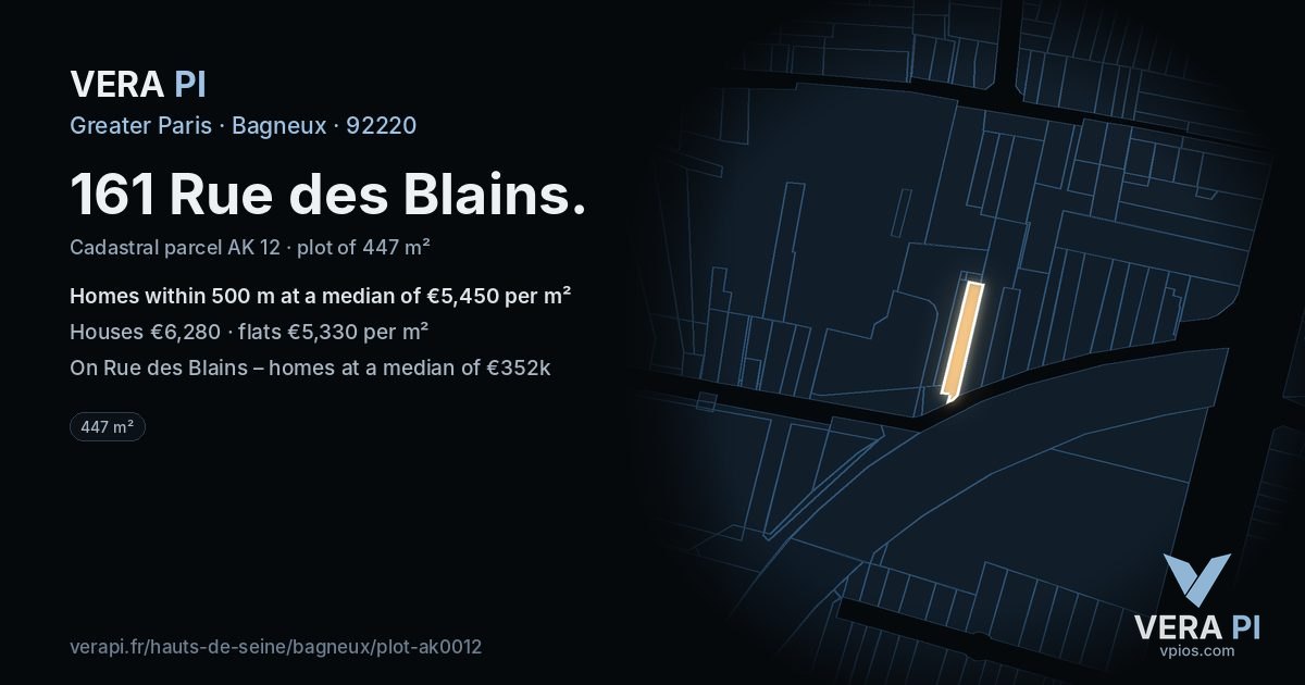 161 Rue des Blains, Bagneux at night – the plot lit, the parcels around coloured by the prices near them