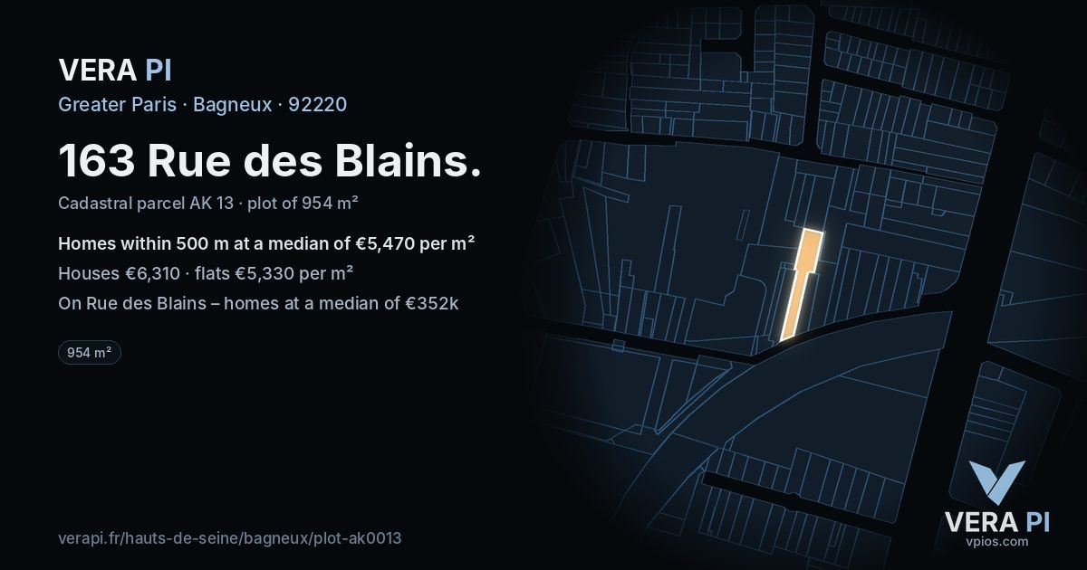 163 Rue des Blains, Bagneux at night – the plot lit, the parcels around coloured by the prices near them