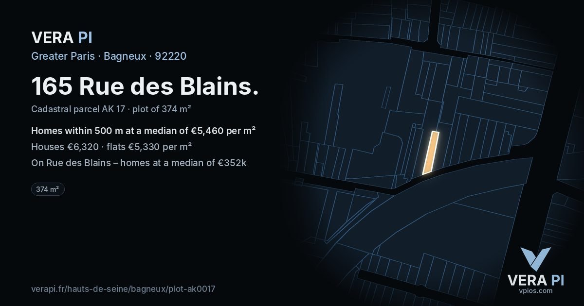 165 Rue des Blains, Bagneux at night – the plot lit, the parcels around coloured by the prices near them