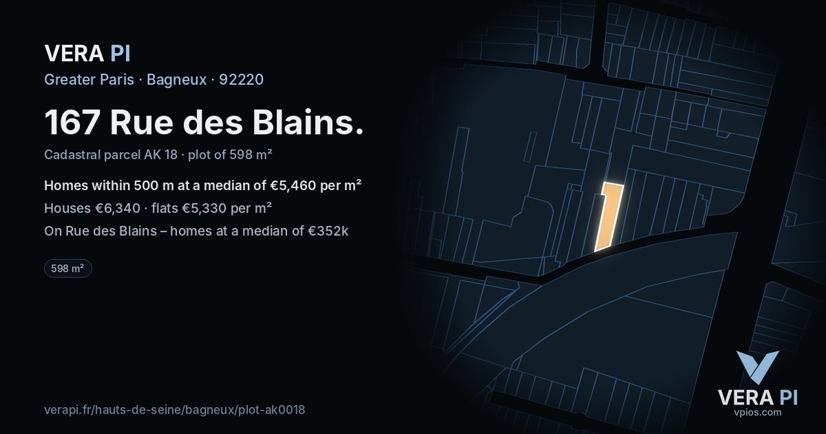 167 Rue des Blains, Bagneux at night – the plot lit, the parcels around coloured by the prices near them