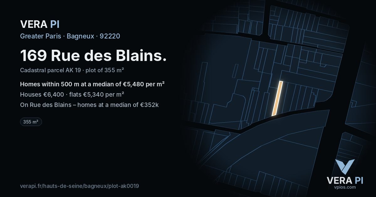 169 Rue des Blains, Bagneux at night – the plot lit, the parcels around coloured by the prices near them