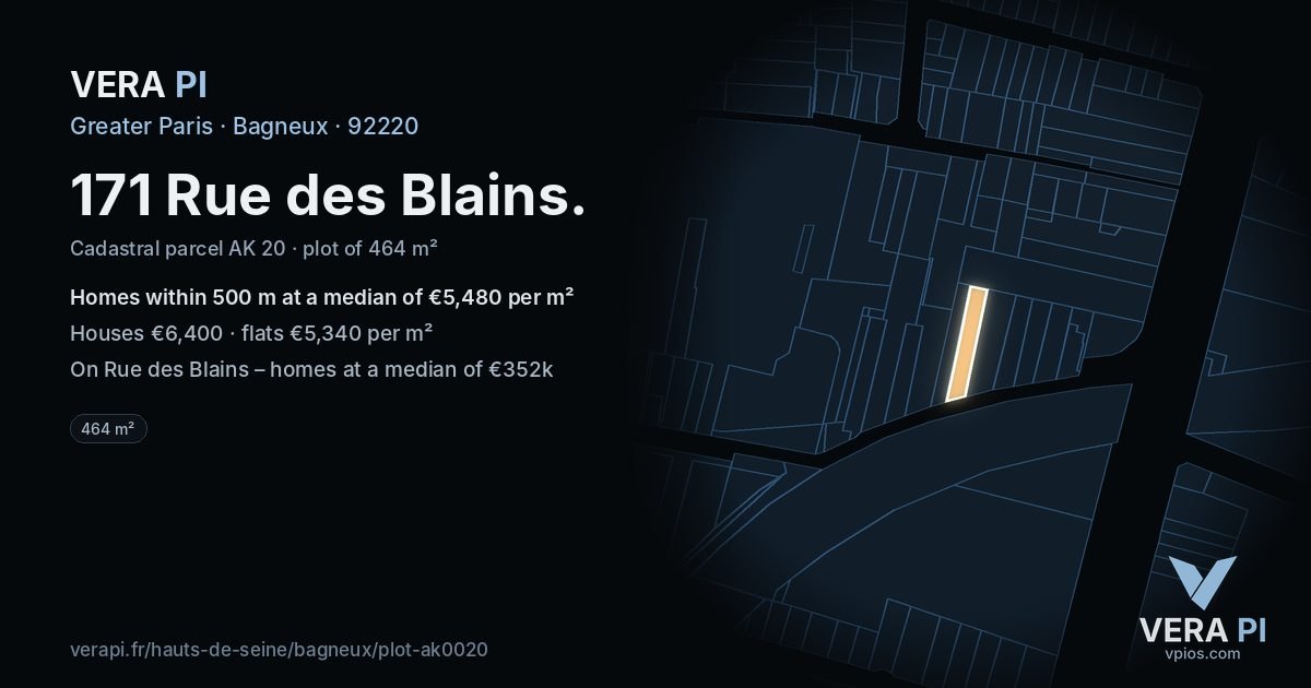 171 Rue des Blains, Bagneux at night – the plot lit, the parcels around coloured by the prices near them