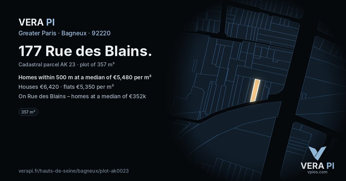 177 Rue des Blains, Bagneux at night – the plot lit, the parcels around coloured by the prices near them