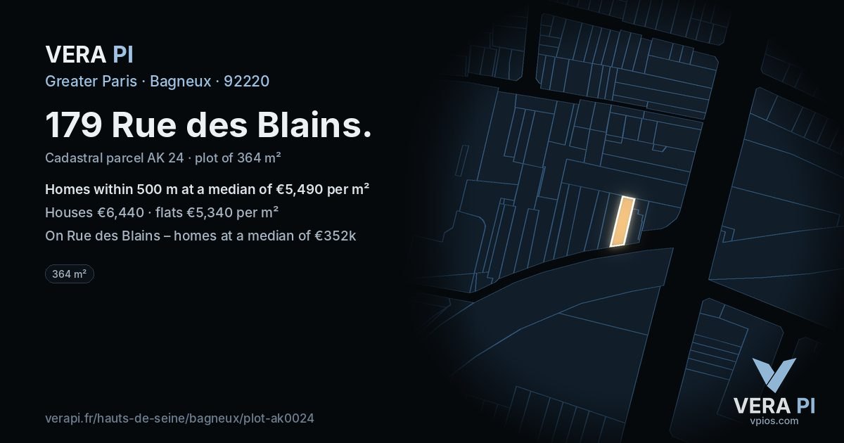 179 Rue des Blains, Bagneux at night – the plot lit, the parcels around coloured by the prices near them