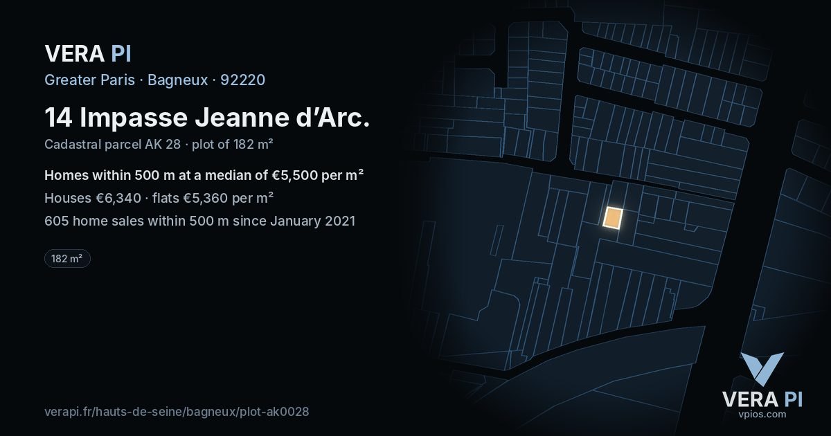 14 Impasse Jeanne d’Arc, Bagneux at night – the plot lit, the parcels around coloured by the prices near them