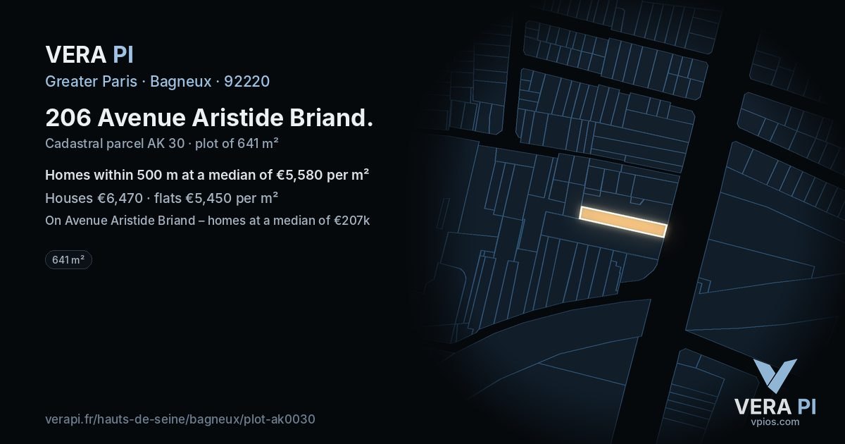 206 Avenue Aristide Briand, Bagneux at night – the plot lit, the parcels around coloured by the prices near them