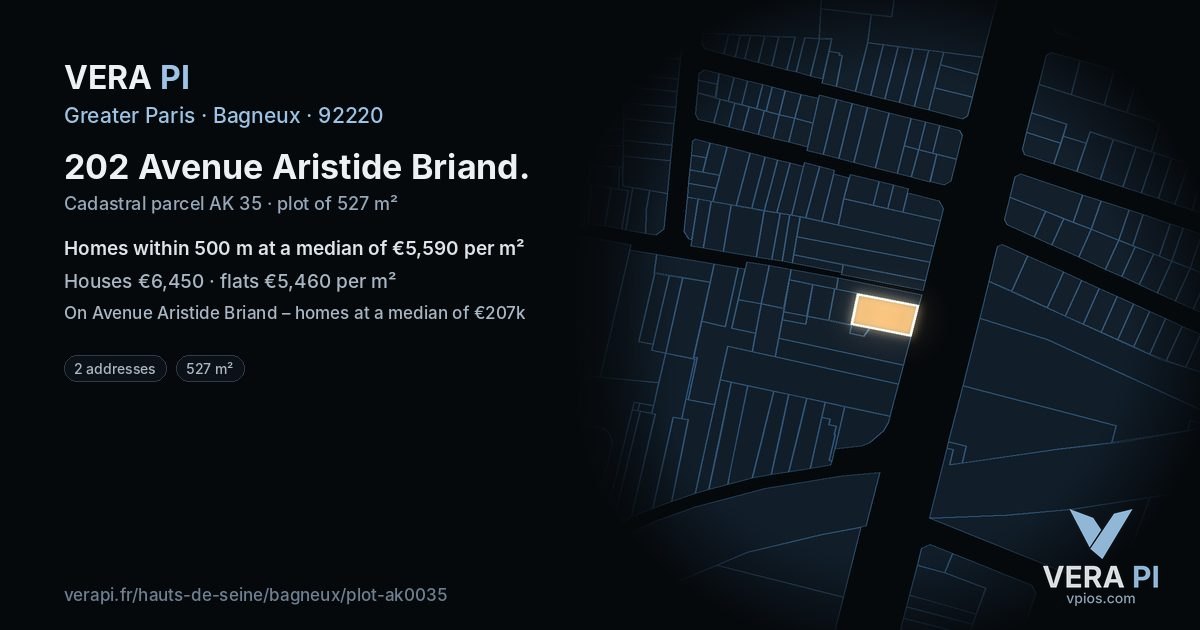 202 Avenue Aristide Briand, Bagneux at night – the plot lit, the parcels around coloured by the prices near them