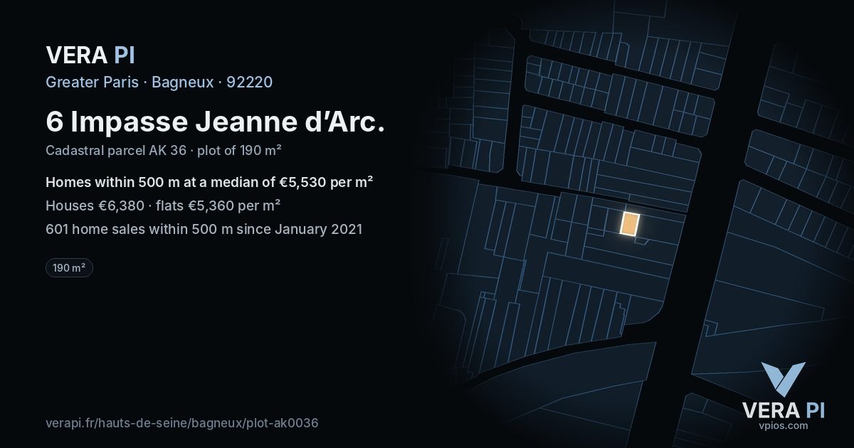 6 Impasse Jeanne d’Arc, Bagneux at night – the plot lit, the parcels around coloured by the prices near them