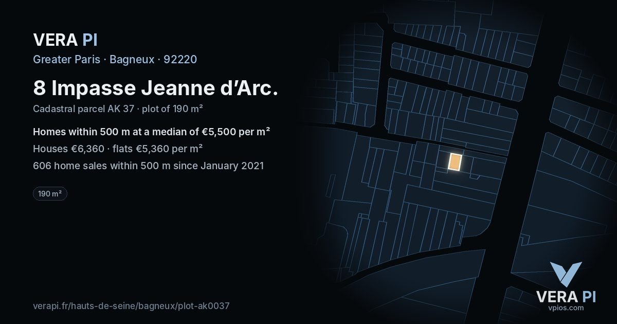 8 Impasse Jeanne d’Arc, Bagneux at night – the plot lit, the parcels around coloured by the prices near them