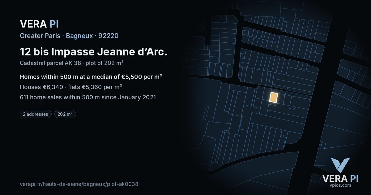 12 bis Impasse Jeanne d’Arc, Bagneux at night – the plot lit, the parcels around coloured by the prices near them