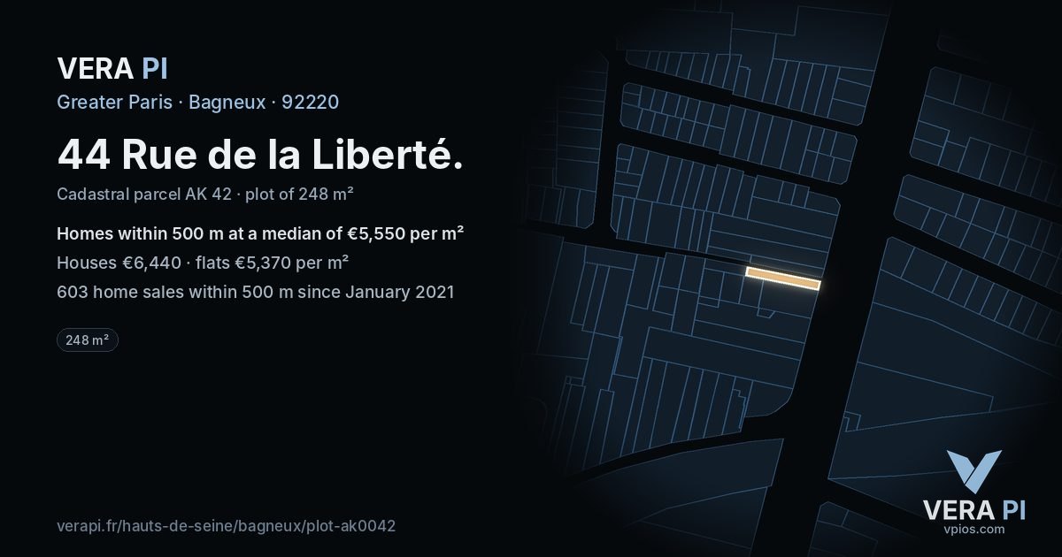 44 Rue de la Liberté, Bagneux at night – the plot lit, the parcels around coloured by the prices near them