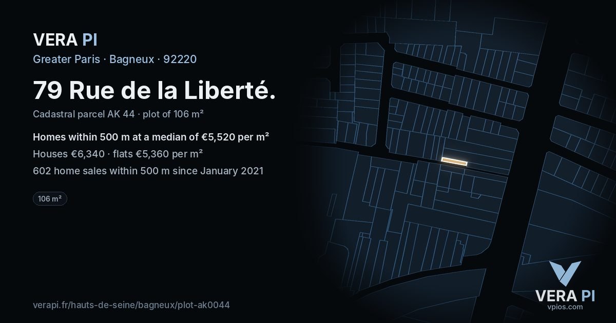 79 Rue de la Liberté, Bagneux at night – the plot lit, the parcels around coloured by the prices near them