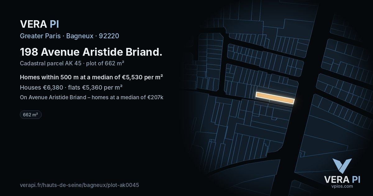 198 Avenue Aristide Briand, Bagneux at night – the plot lit, the parcels around coloured by the prices near them