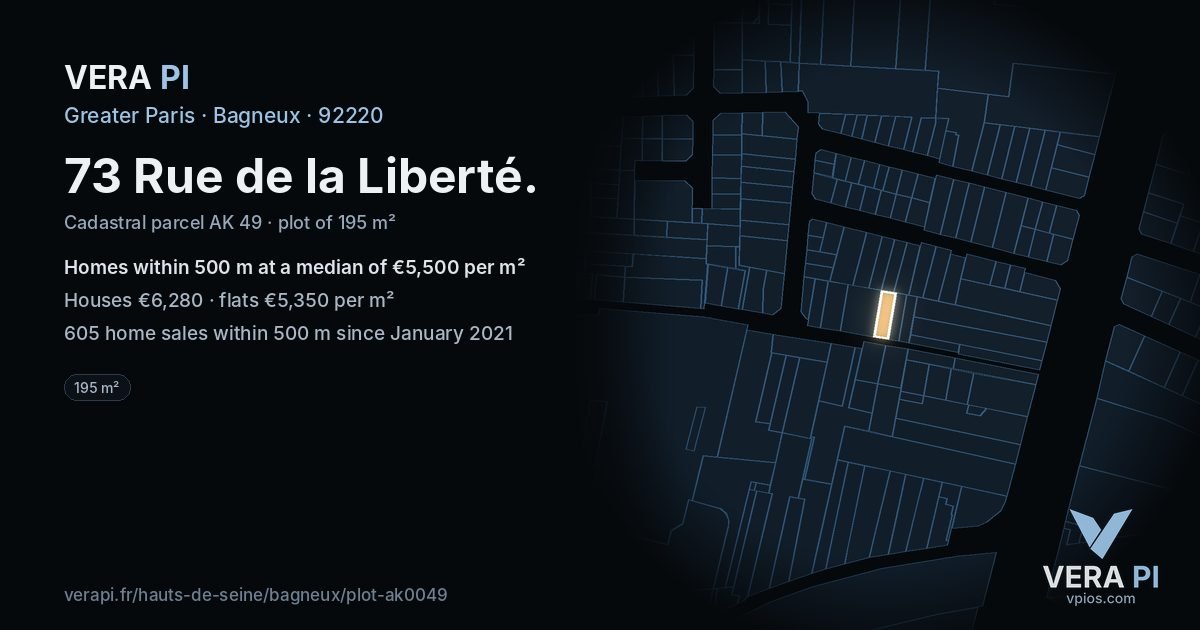 73 Rue de la Liberté, Bagneux at night – the plot lit, the parcels around coloured by the prices near them