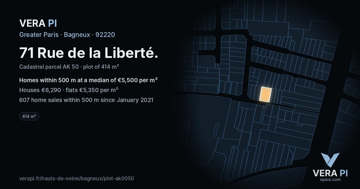 71 Rue de la Liberté, Bagneux at night – the plot lit, the parcels around coloured by the prices near them