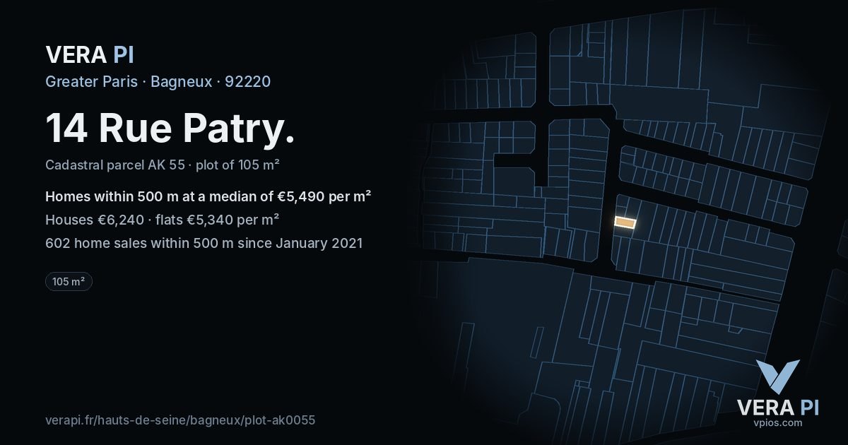 14 Rue Patry, Bagneux at night – the plot lit, the parcels around coloured by the prices near them
