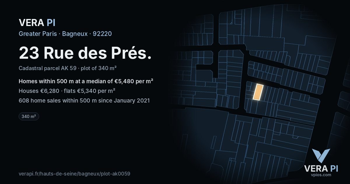 23 Rue des Prés, Bagneux at night – the plot lit, the parcels around coloured by the prices near them