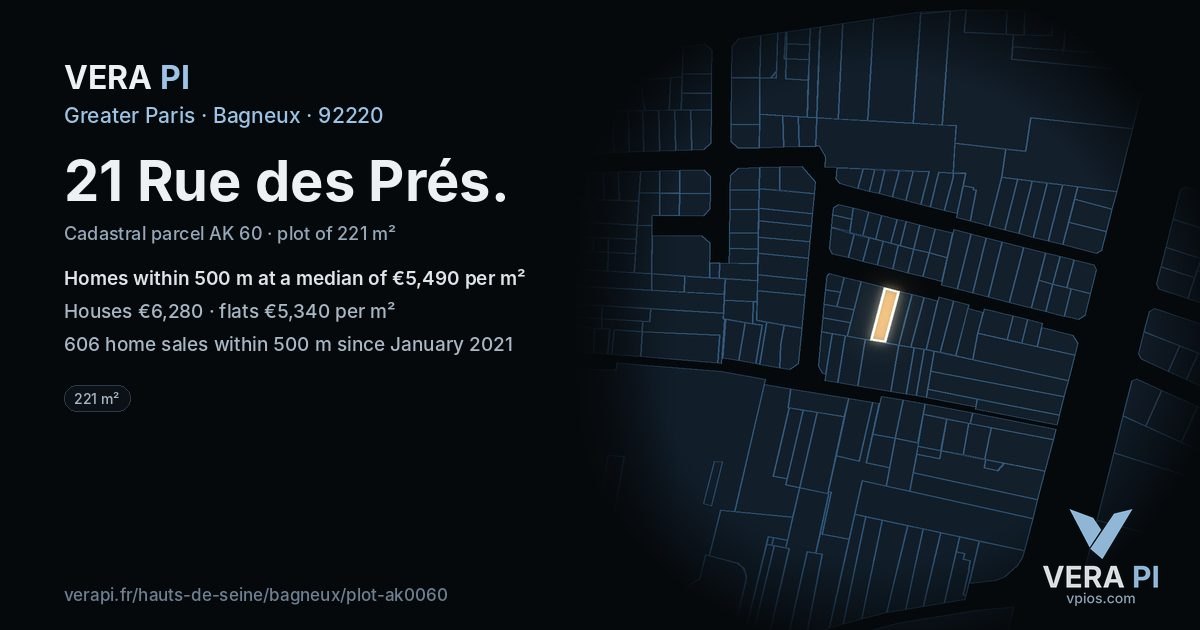 21 Rue des Prés, Bagneux at night – the plot lit, the parcels around coloured by the prices near them