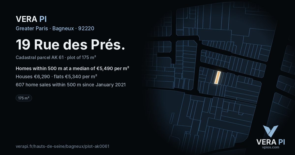 19 Rue des Prés, Bagneux at night – the plot lit, the parcels around coloured by the prices near them