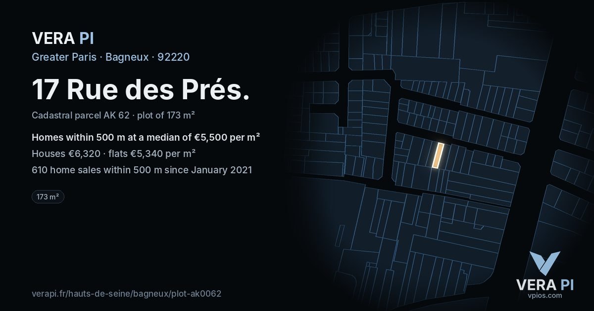 17 Rue des Prés, Bagneux at night – the plot lit, the parcels around coloured by the prices near them