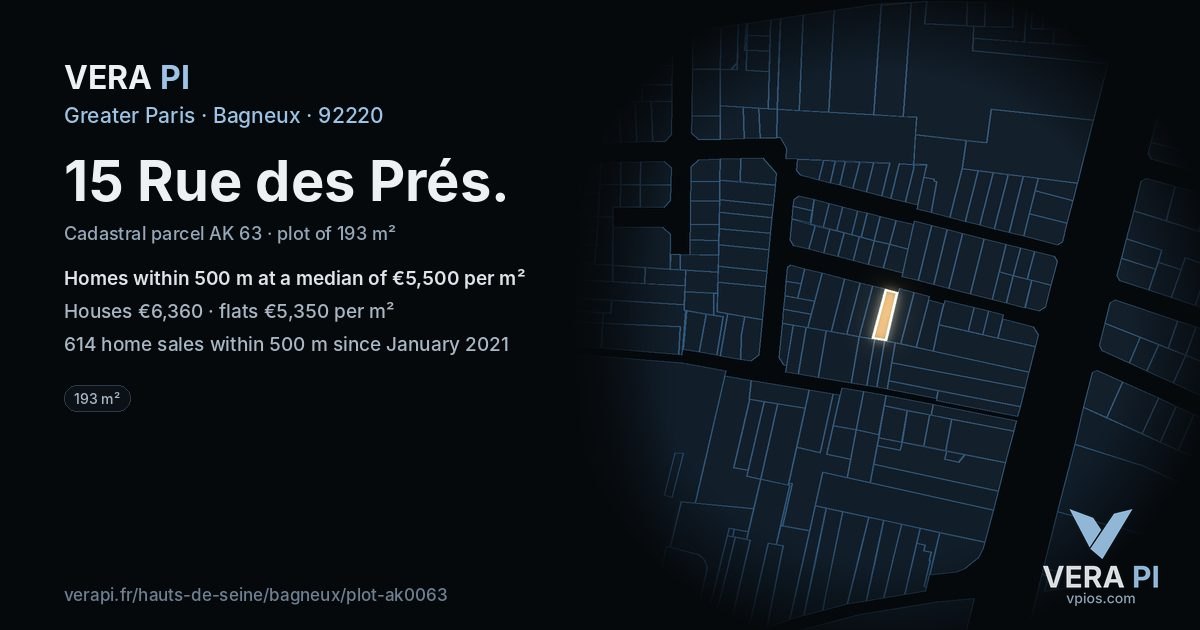 15 Rue des Prés, Bagneux at night – the plot lit, the parcels around coloured by the prices near them