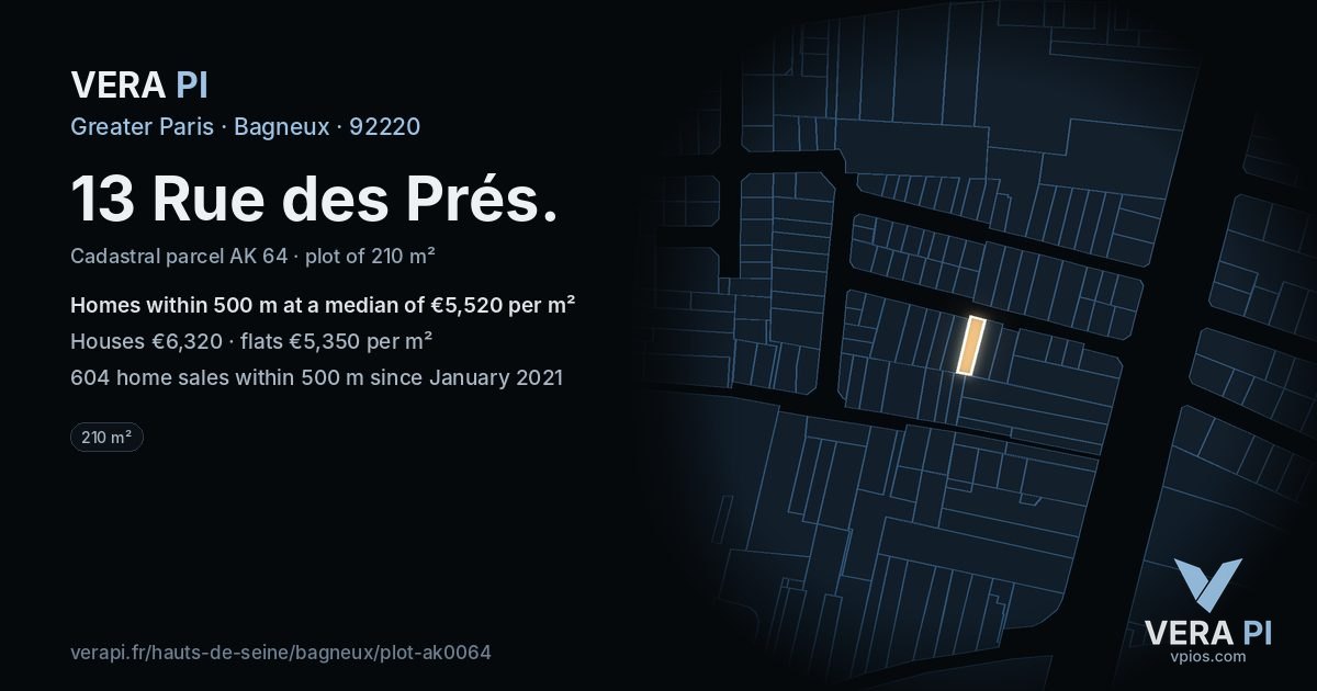 13 Rue des Prés, Bagneux at night – the plot lit, the parcels around coloured by the prices near them