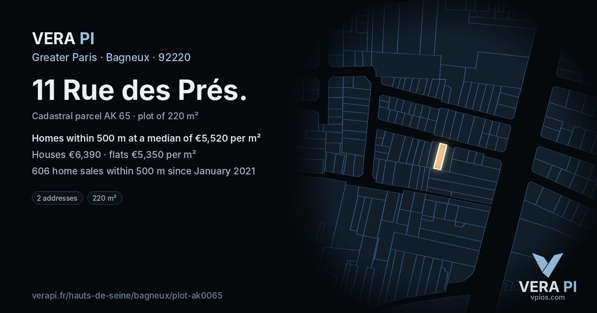 11 Rue des Prés, Bagneux at night – the plot lit, the parcels around coloured by the prices near them