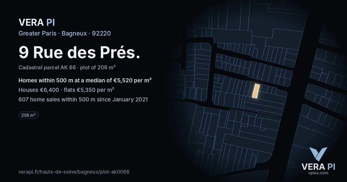 9 Rue des Prés, Bagneux at night – the plot lit, the parcels around coloured by the prices near them