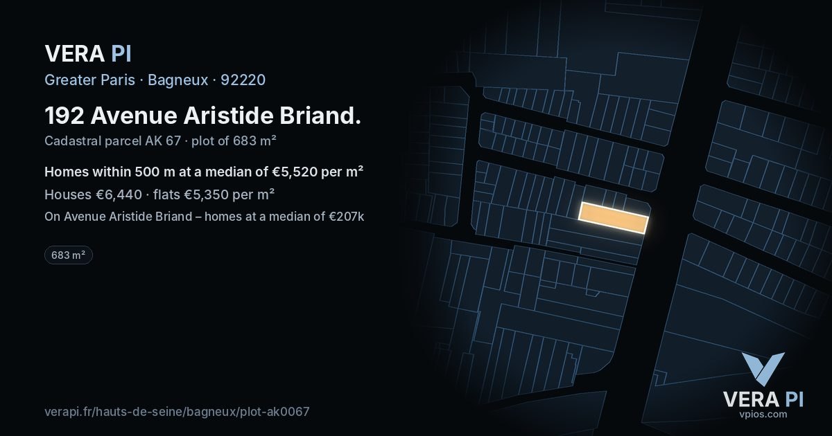 192 Avenue Aristide Briand, Bagneux at night – the plot lit, the parcels around coloured by the prices near them