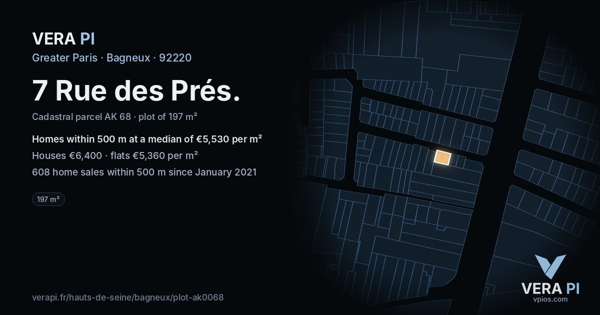 7 Rue des Prés, Bagneux at night – the plot lit, the parcels around coloured by the prices near them