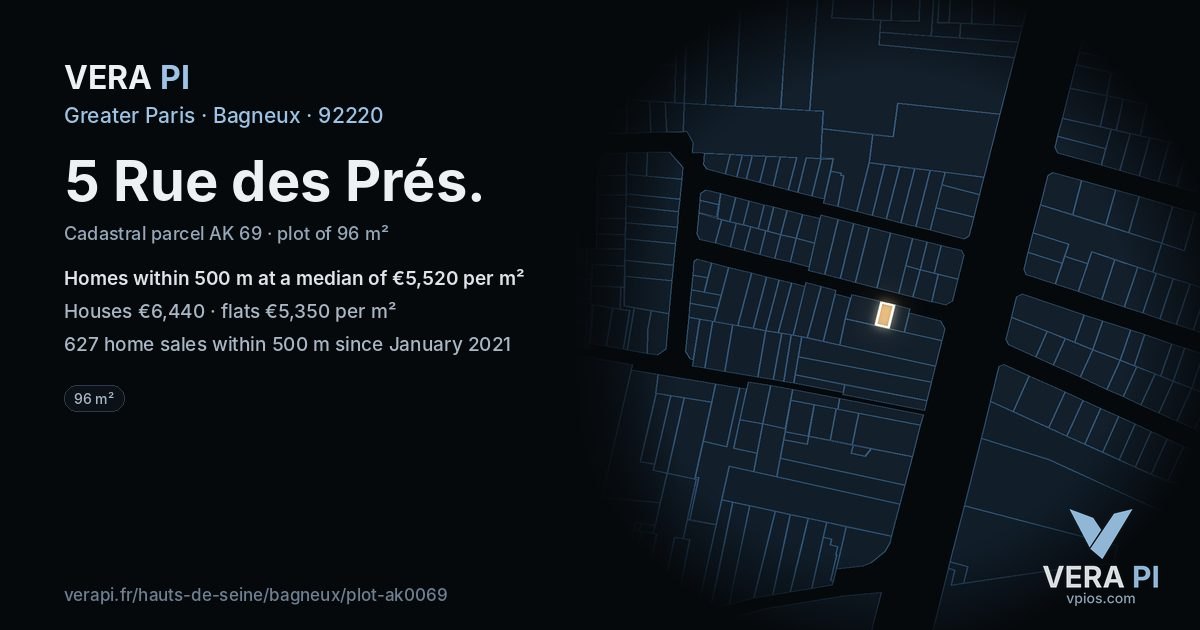 5 Rue des Prés, Bagneux at night – the plot lit, the parcels around coloured by the prices near them