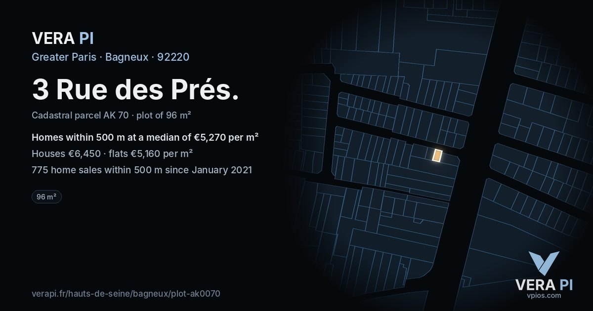 3 Rue des Prés, Bagneux at night – the plot lit, the parcels around coloured by the prices near them