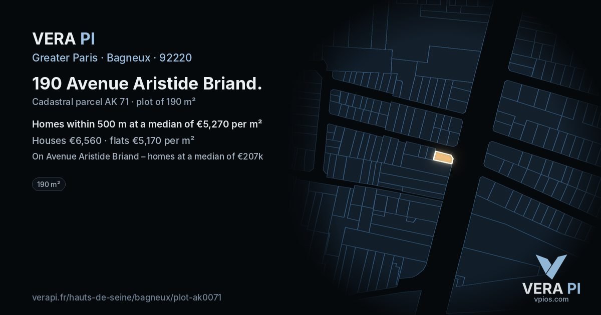 190 Avenue Aristide Briand, Bagneux at night – the plot lit, the parcels around coloured by the prices near them