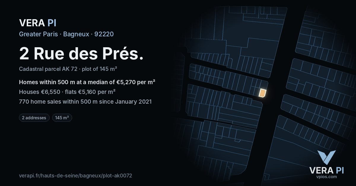 2 Rue des Prés, Bagneux at night – the plot lit, the parcels around coloured by the prices near them